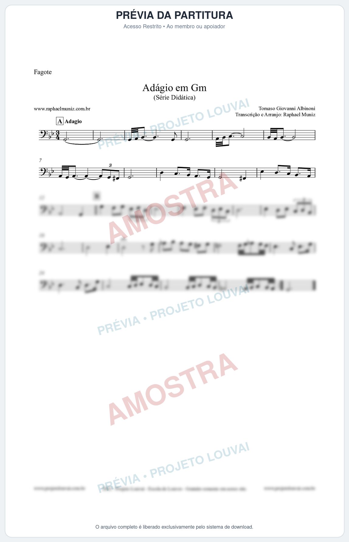 Prévia protegida da primeira página da partitura Partitura para Fagote - Adágio em Gm - Série Didática