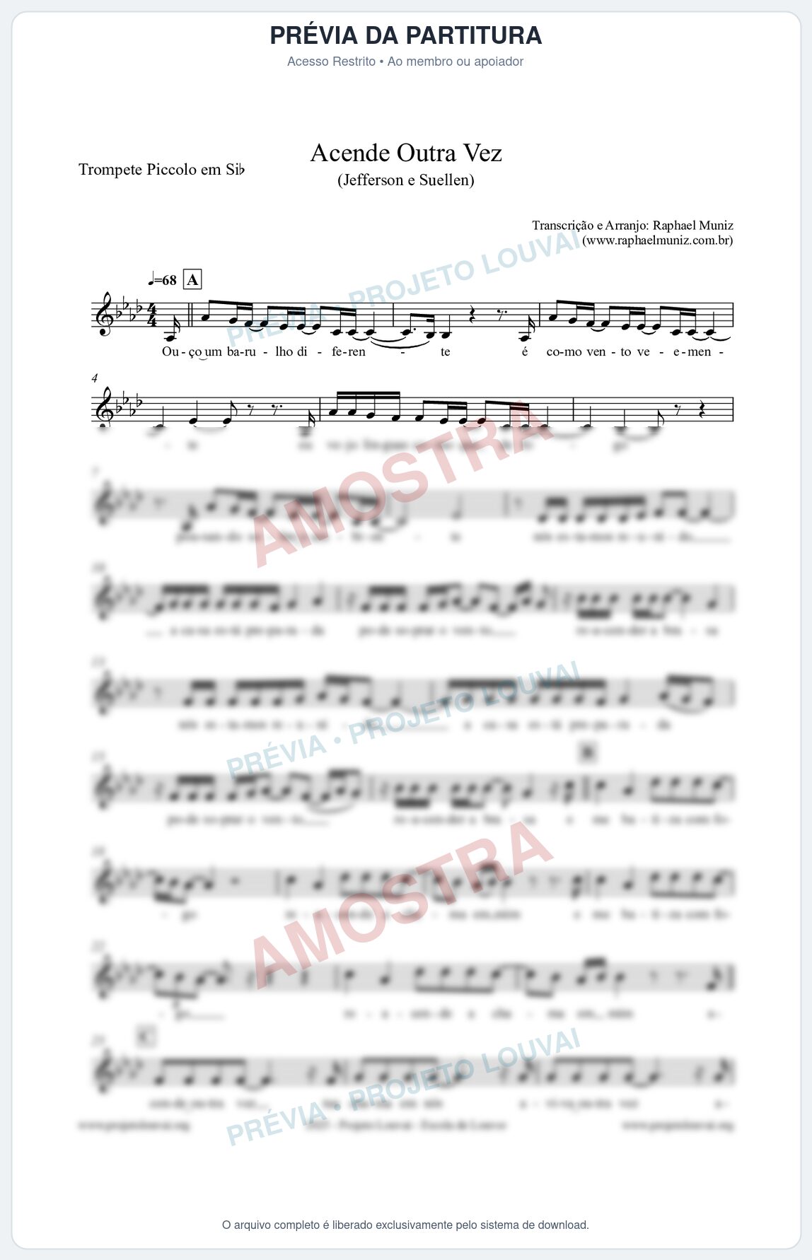 Prévia protegida da primeira página da partitura Partitura para Trompete Piccolo em Sib - Acende Outra Vez - Jefferson e Suellen