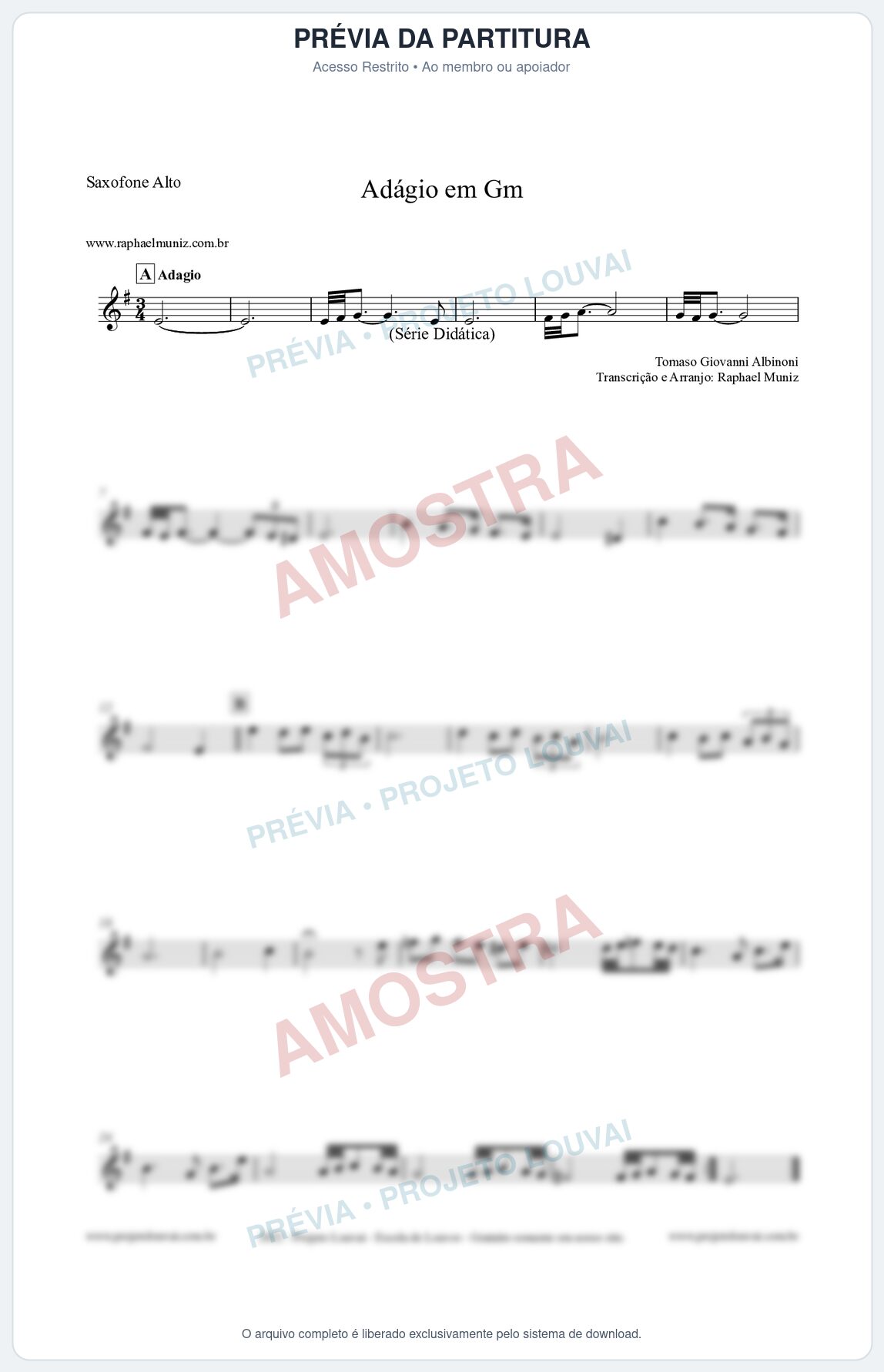 Prévia protegida da primeira página da partitura Partitura para Saxofone Alto - Adágio em Gm - Série Didática
