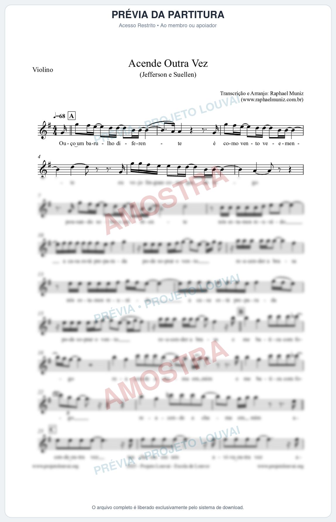 Prévia protegida da primeira página da partitura Partitura para Violino - Acende Outra Vez - Jefferson e Suellen