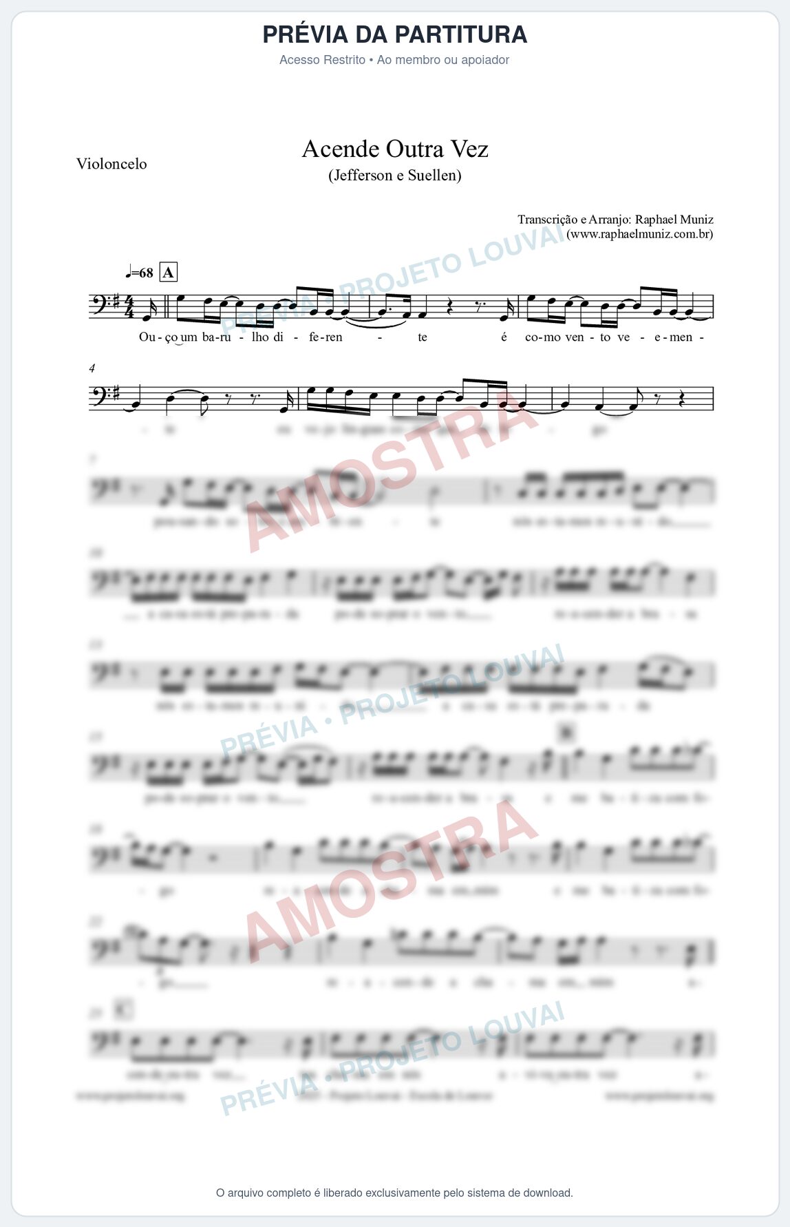 Prévia protegida da primeira página da partitura Partitura para Violoncelo - Acende Outra Vez - Jefferson e Suellen