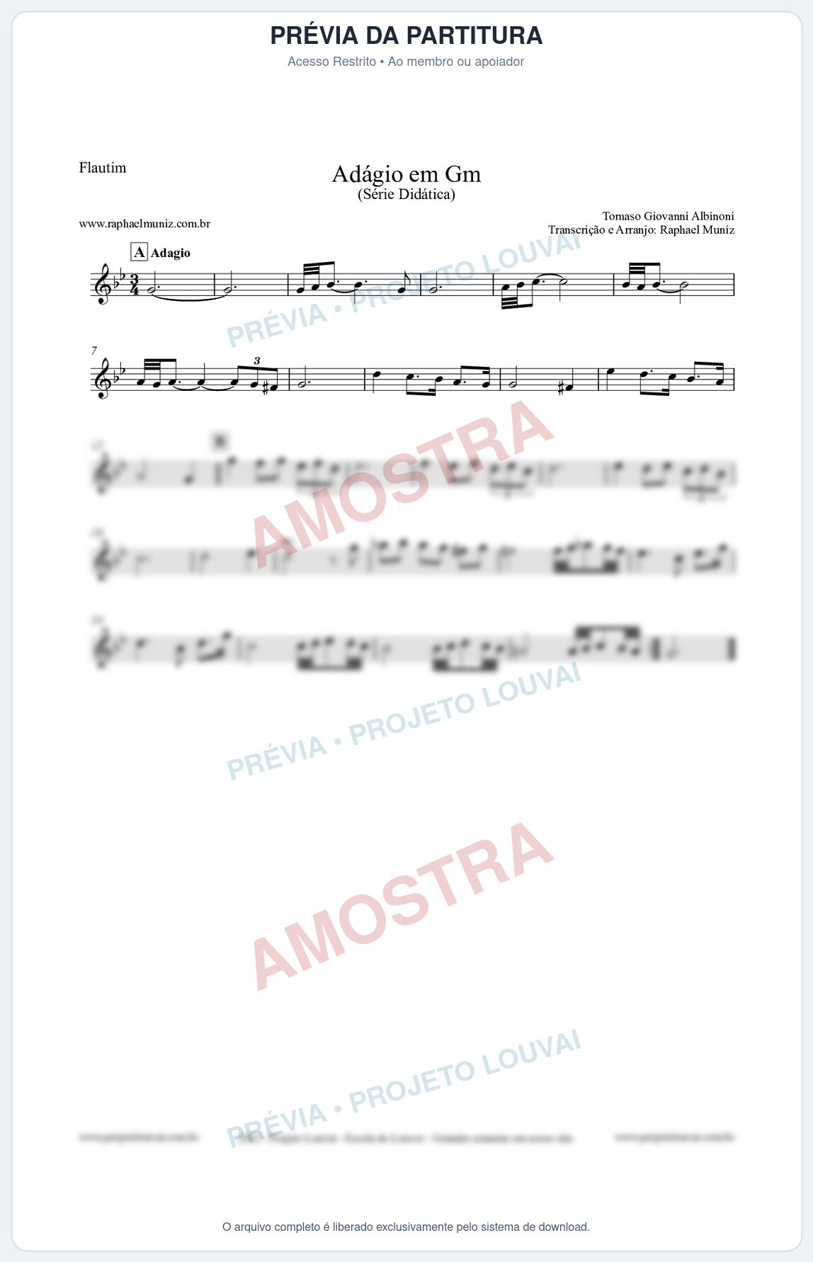 Prévia protegida da primeira página da partitura Partitura para Flautim - Adágio em Gm - Série Didática