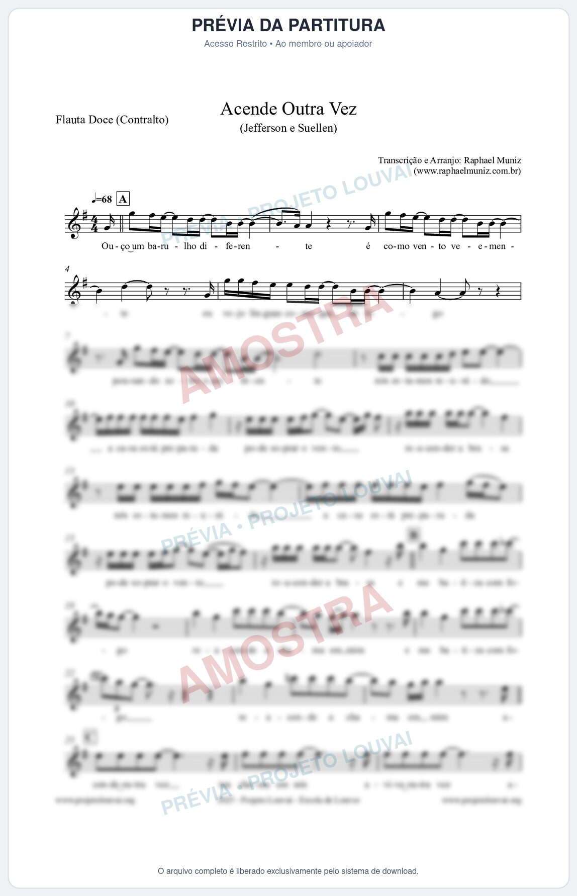 Prévia protegida da primeira página da partitura Partitura para Flauta Doce (Contralto) - Acende Outra Vez - Jefferson e Suellen
