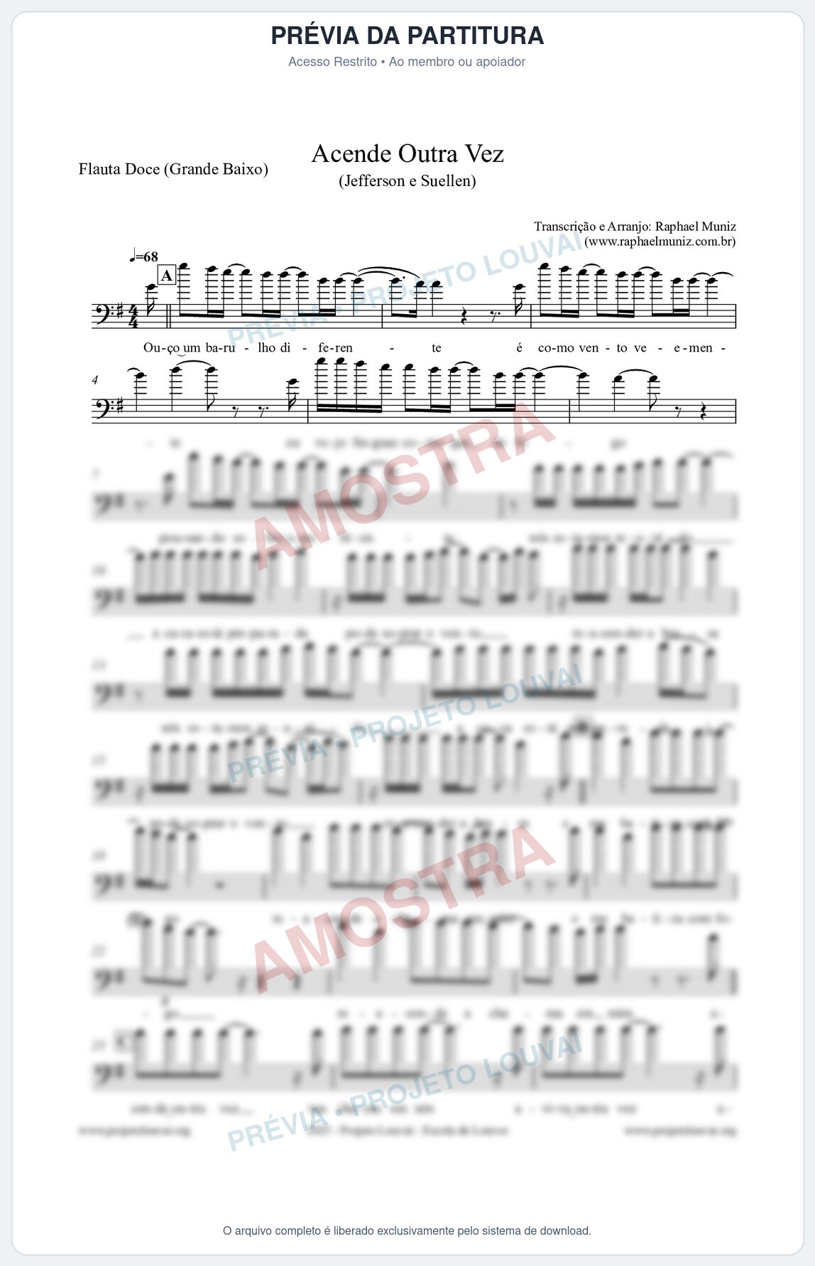 Prévia protegida da primeira página da partitura Partitura para Flauta Doce (Grande Baixo) - Acende Outra Vez - Jefferson e Suellen