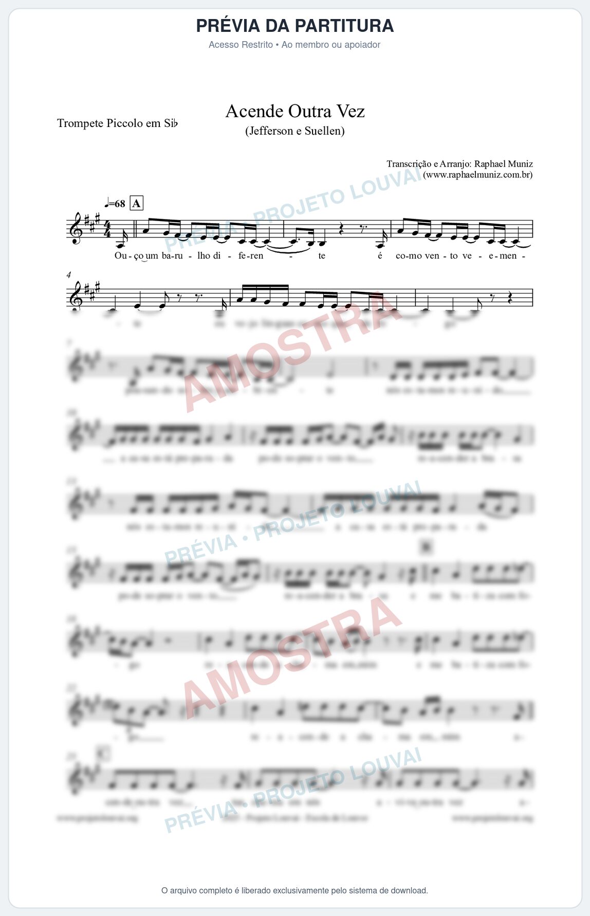 Prévia protegida da primeira página da partitura Partitura para Trompete Piccolo em Sib - Acende Outra Vez - Jefferson e Suellen
