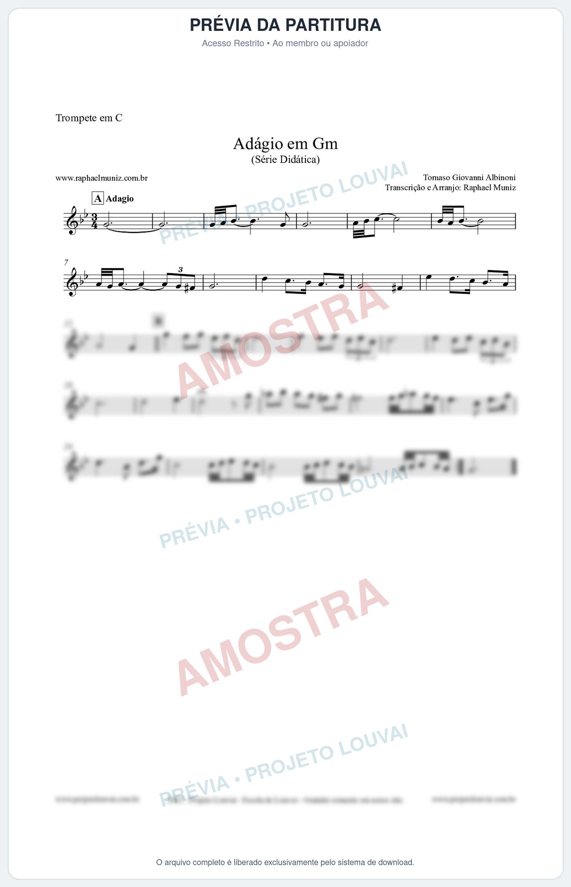 Prévia protegida da primeira página da partitura Partitura para Trompete em C - Adágio em Gm - Série Didática