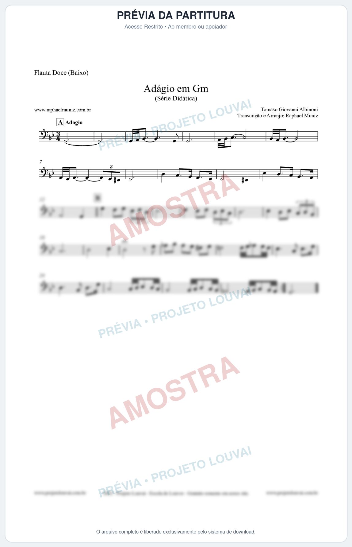 Prévia protegida da primeira página da partitura Partitura para Flauta Doce (Baixo) - Adágio em Gm - Série Didática