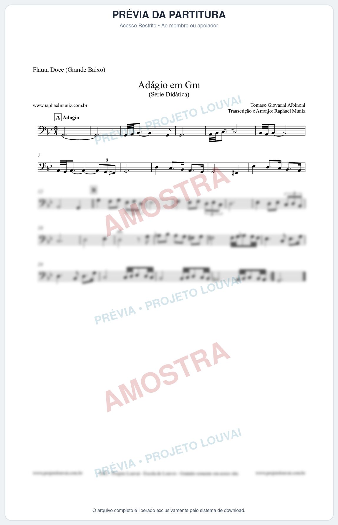 Prévia protegida da primeira página da partitura Partitura para Flauta Doce (Grande Baixo) - Adágio em Gm - Série Didática