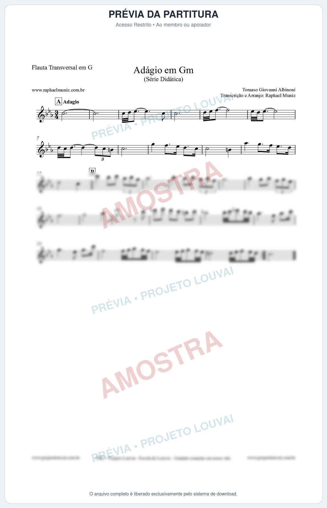 Prévia protegida da primeira página da partitura Partitura para Flauta Transversal em G - Adágio em Gm - Série Didática