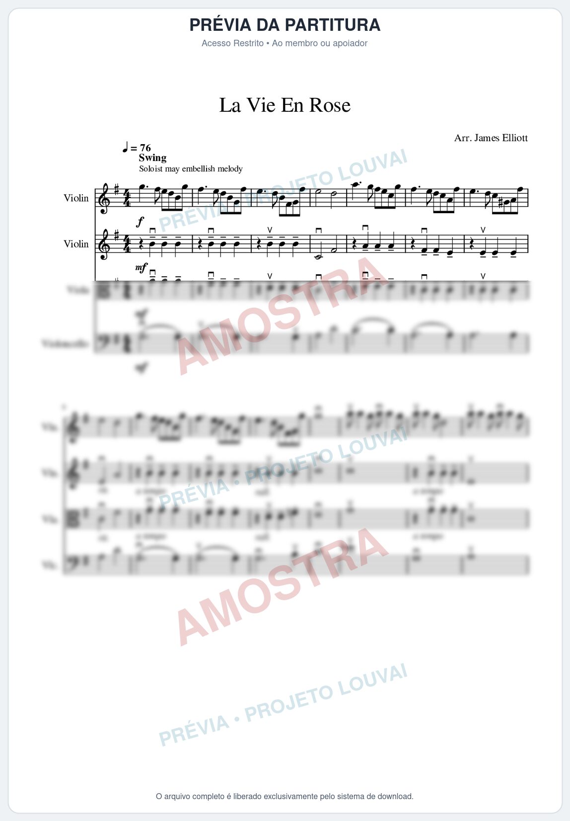 Prévia protegida da primeira página da partitura Partitura para Quarteto de Cordas da música La Vie En Rose - Edith Piaf
