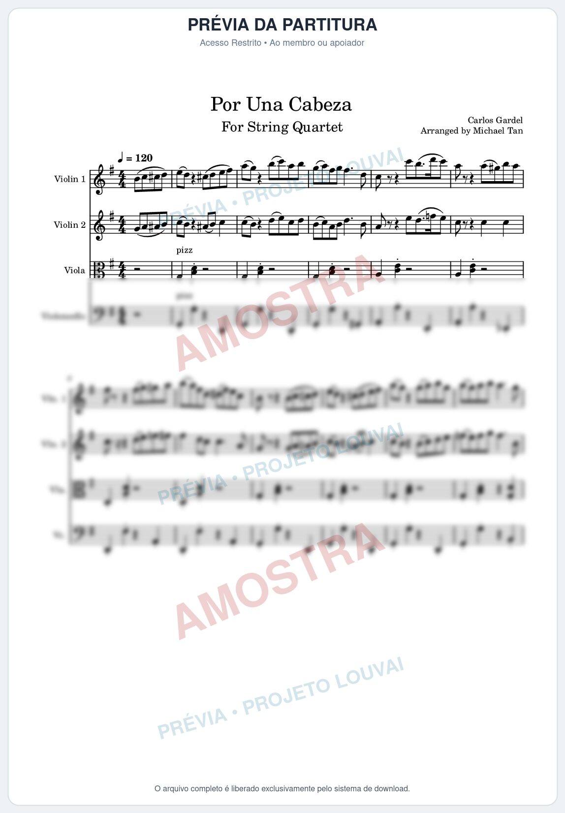 Prévia protegida da primeira página da partitura Partitura para Quarteto de Cordas da música Por Una Cabeza - Carlos Gardel