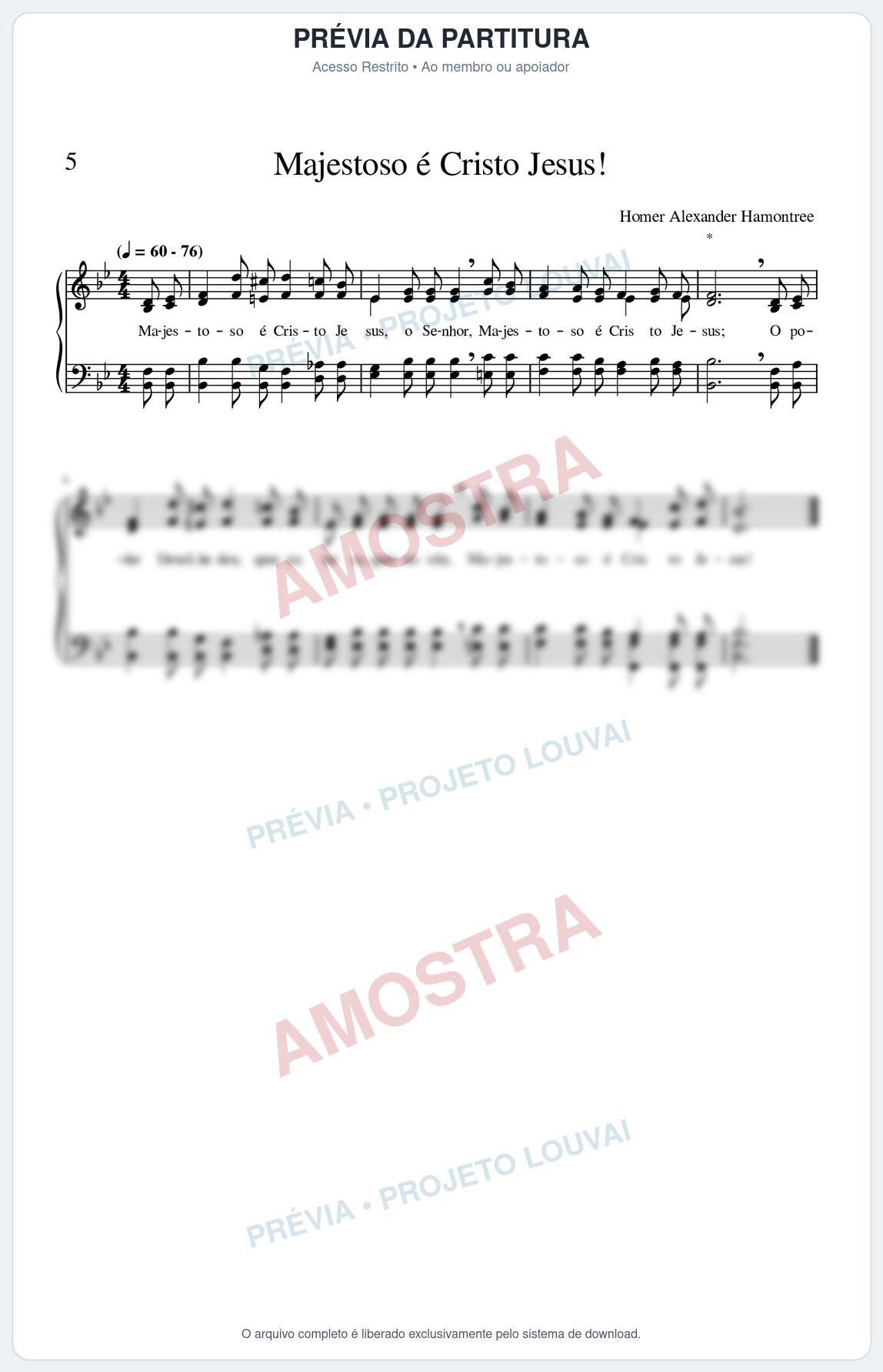 Prévia protegida da primeira página da partitura Partitura para Harpa da música Majestoso é Cristo Jesus! - Hinário CCB