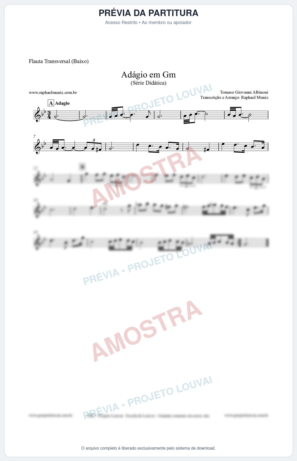 Prévia protegida da primeira página da partitura Partitura para Flauta Transversal (Baixo) - Adágio em Gm - Série Didática