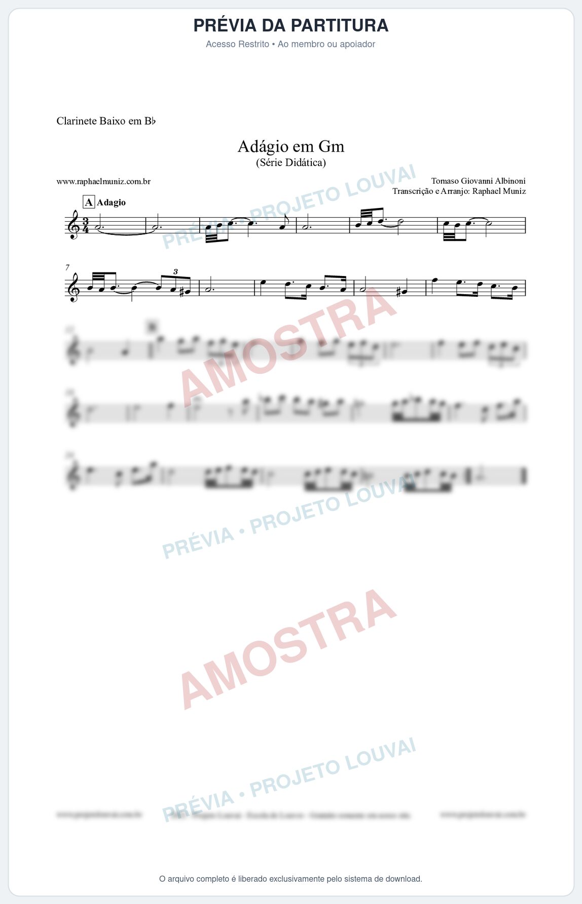 Prévia protegida da primeira página da partitura Partitura para Clarinete Baixo em Bb - Adágio em Gm - Série Didática