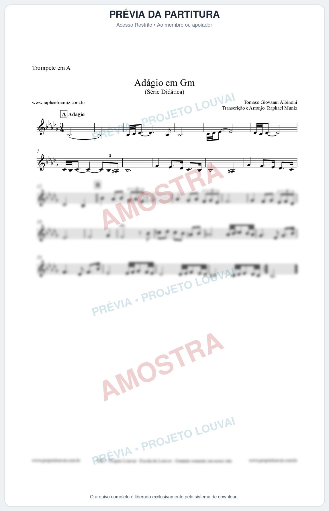 Prévia protegida da primeira página da partitura Partitura para Trompete em A - Adágio em Gm - Série Didática