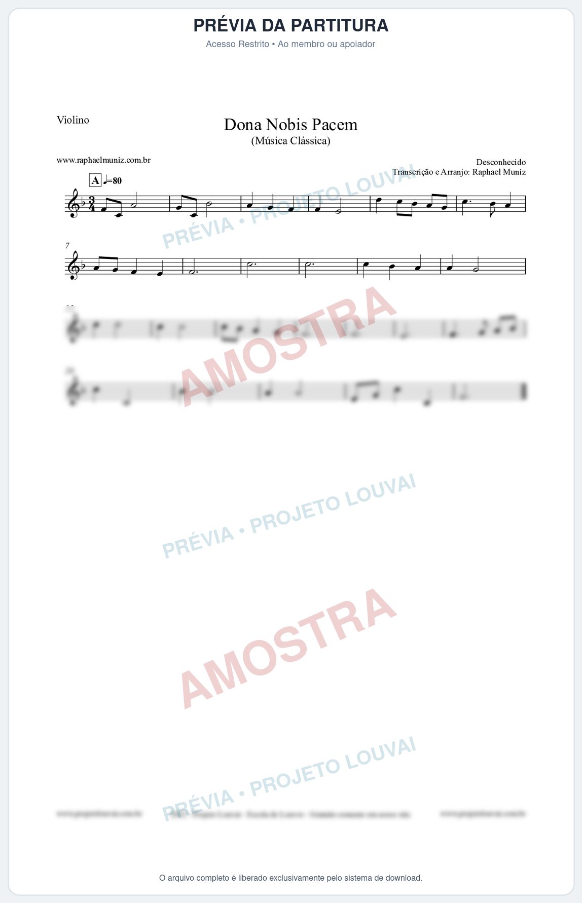 Prévia protegida da primeira página da partitura Partitura para Violino - Dona Nobis Pacem - Música Clássica