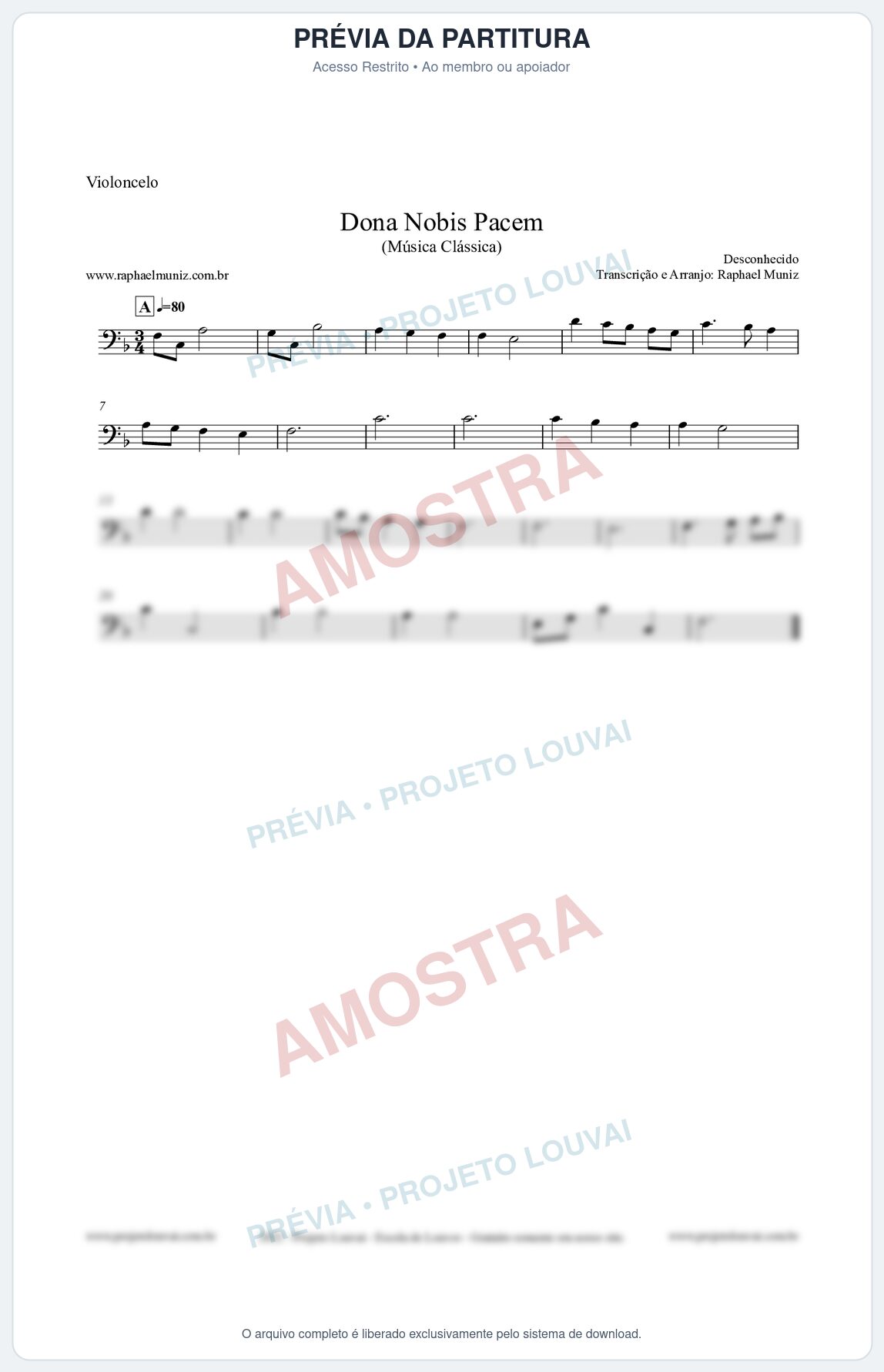 Prévia protegida da primeira página da partitura Partitura para Violoncelo - Dona Nobis Pacem - Música Clássica