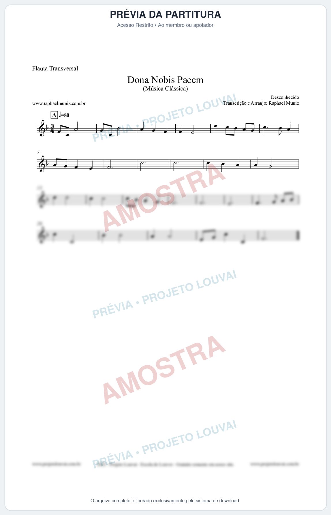 Prévia protegida da primeira página da partitura Partitura para Flauta Transversal - Dona Nobis Pacem - Música Clássica