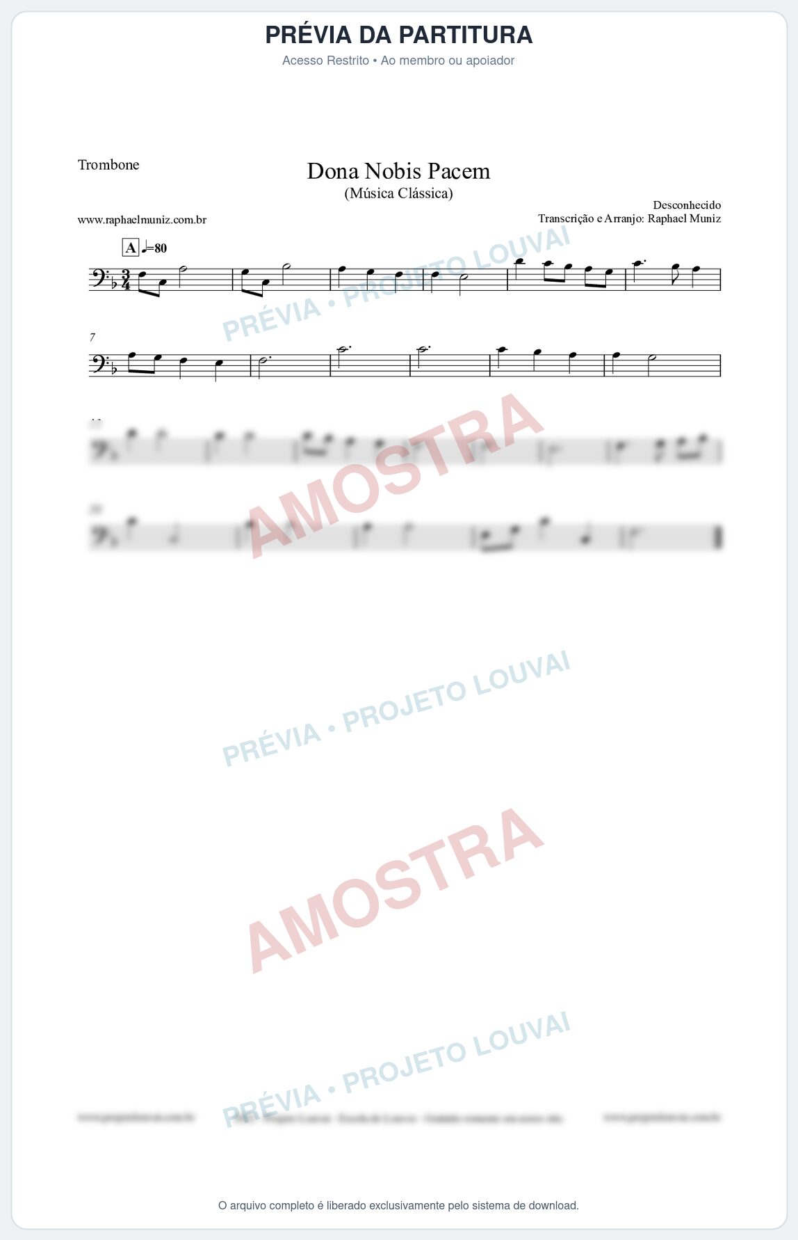 Prévia protegida da primeira página da partitura Partitura para Trombone - Dona Nobis Pacem - Música Clássica