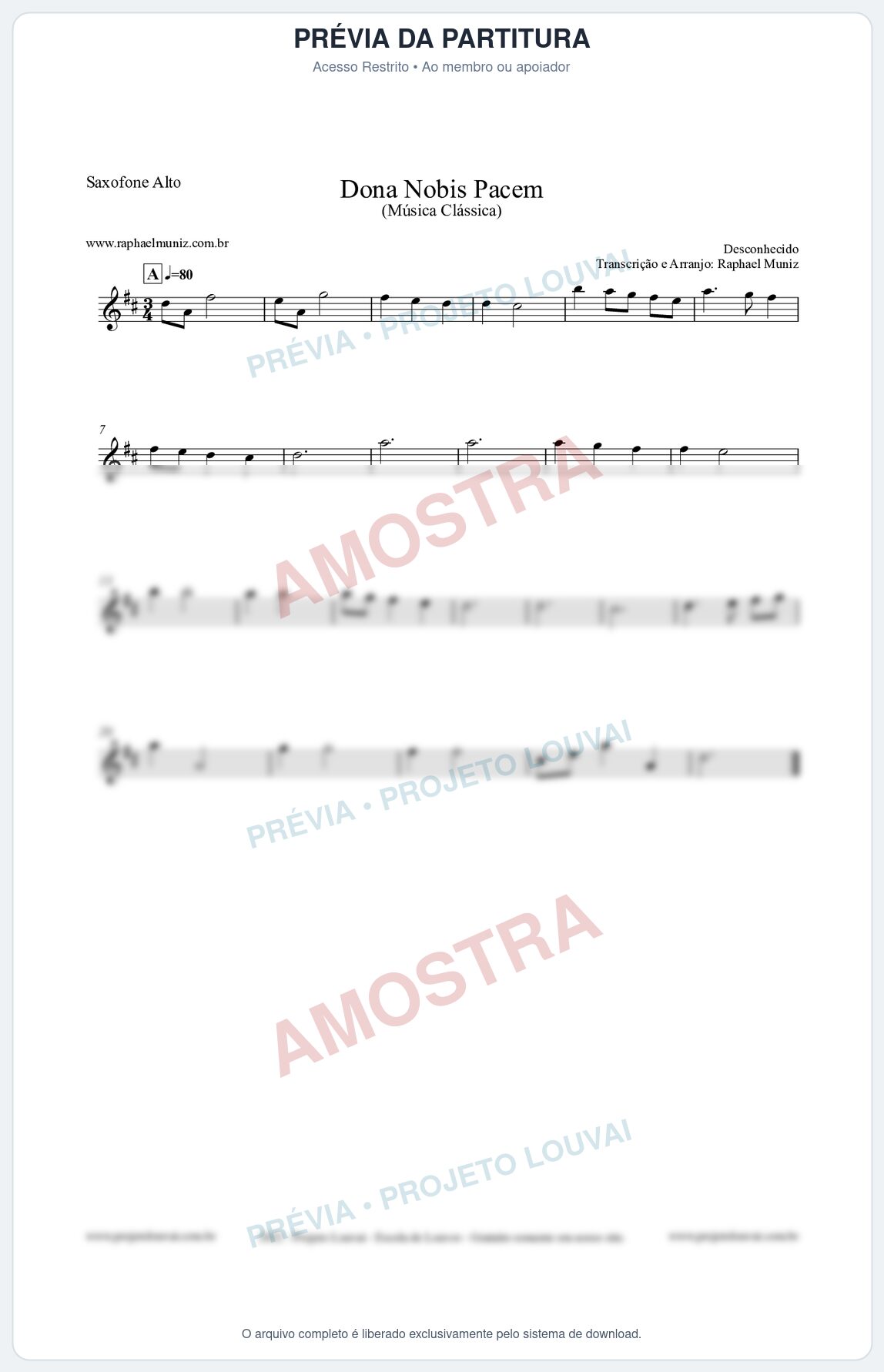 Prévia protegida da primeira página da partitura Partitura para Saxofone Alto - Dona Nobis Pacem - Música Clássica