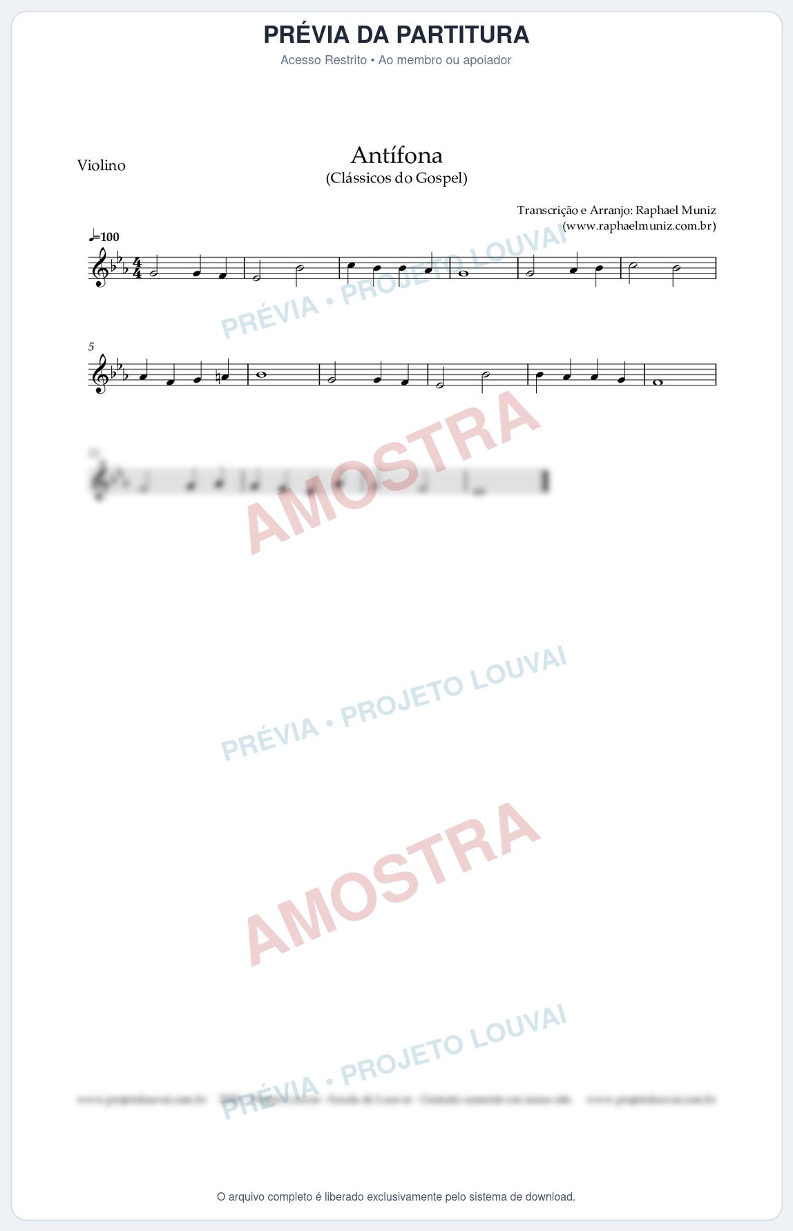 Prévia protegida da primeira página da partitura Partitura para Violino - Antífona - Cantor Cristão nº1 - Clássicos do Gospel