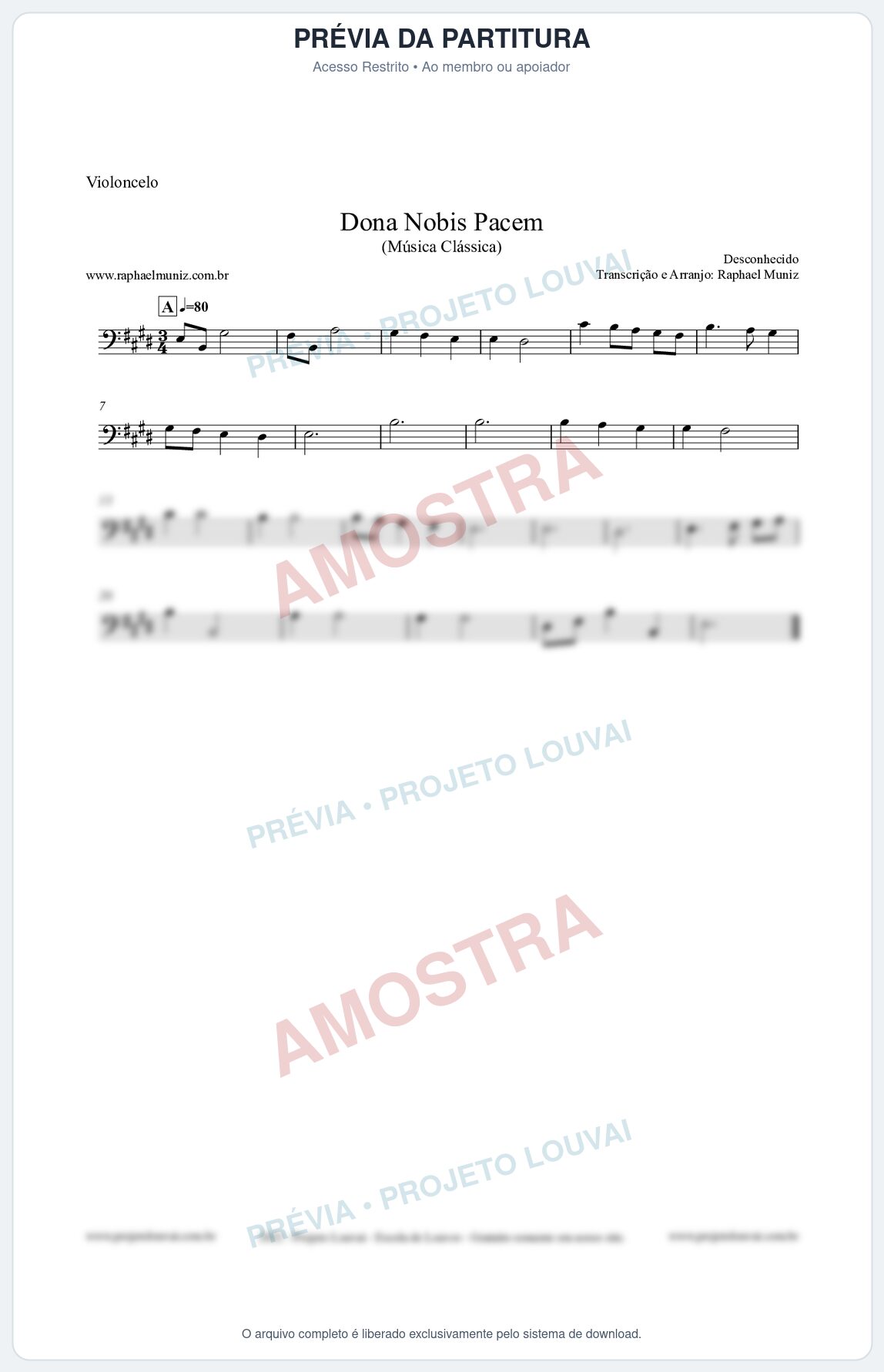 Prévia protegida da primeira página da partitura Partitura para Violoncelo - Dona Nobis Pacem - Música Clássica