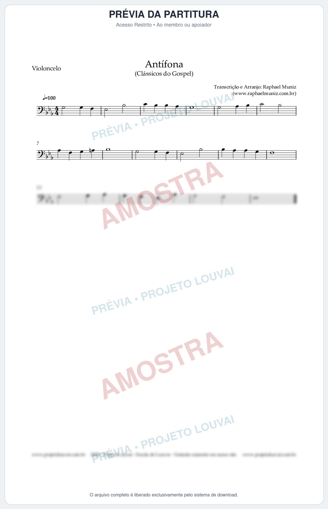 Prévia protegida da primeira página da partitura Partitura para Violoncelo - Antífona - Cantor Cristão nº1 - Clássicos do Gospel