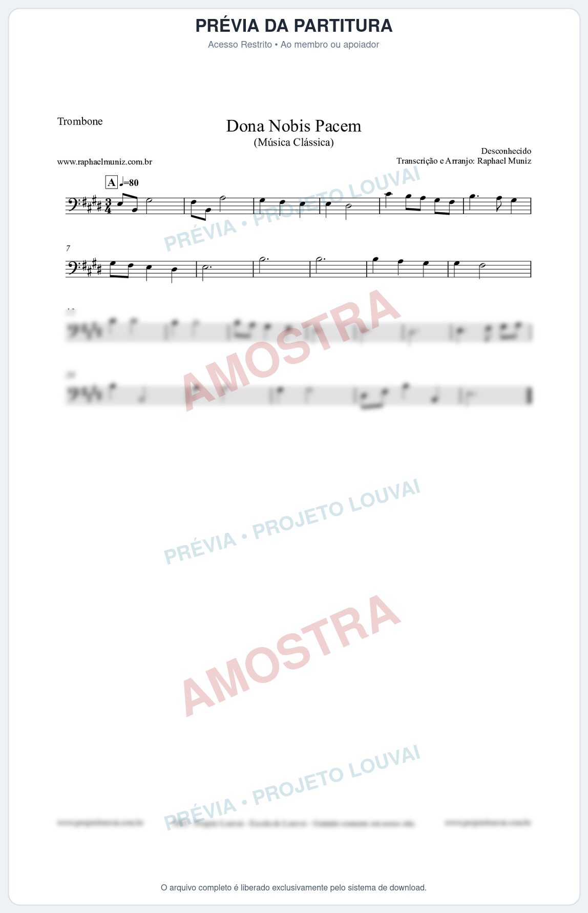 Prévia protegida da primeira página da partitura Partitura para Trombone - Dona Nobis Pacem - Música Clássica