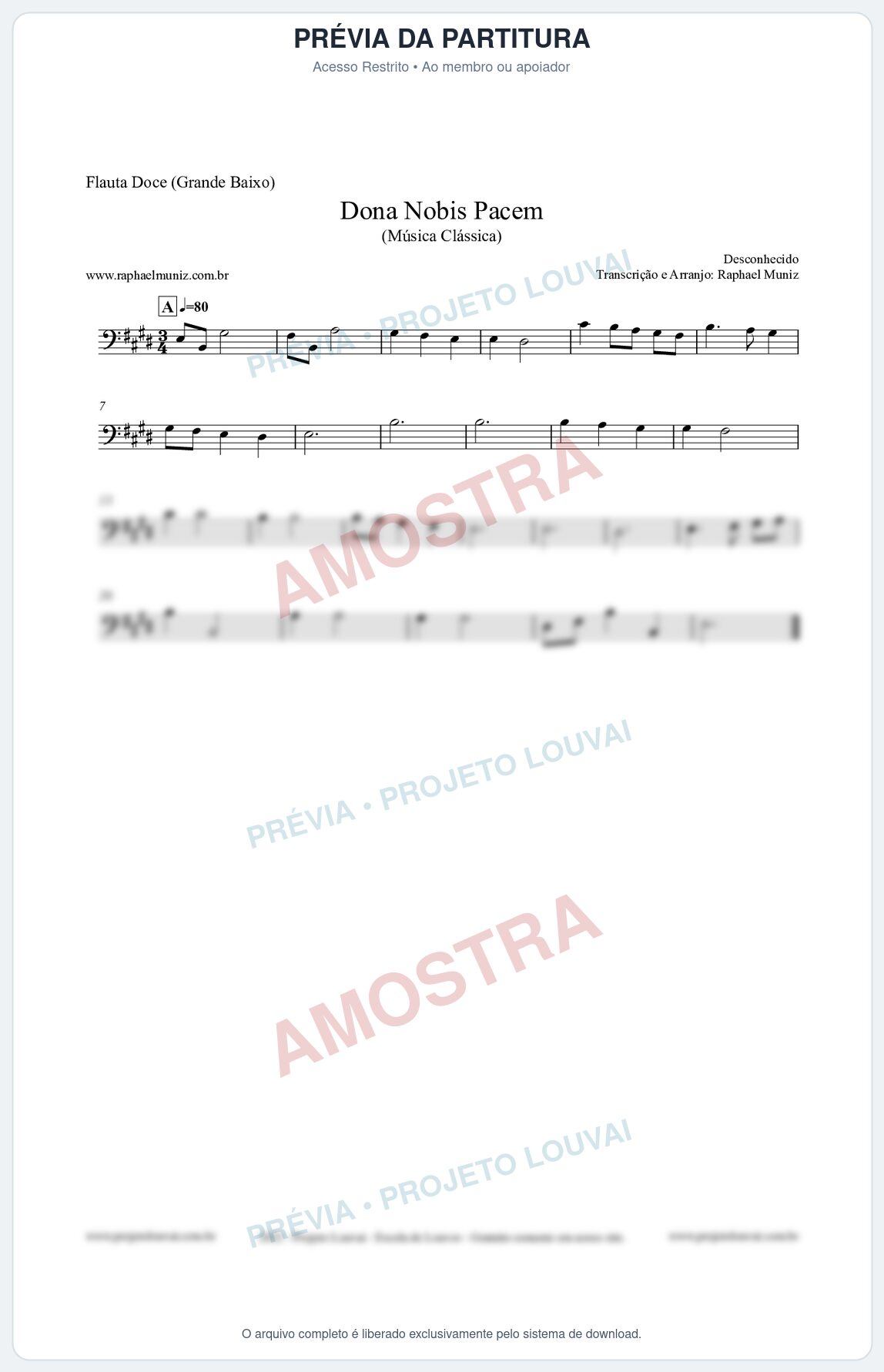 Prévia protegida da primeira página da partitura Partitura para Flauta Doce (Grande Baixo) - Dona Nobis Pacem - Música Clássica