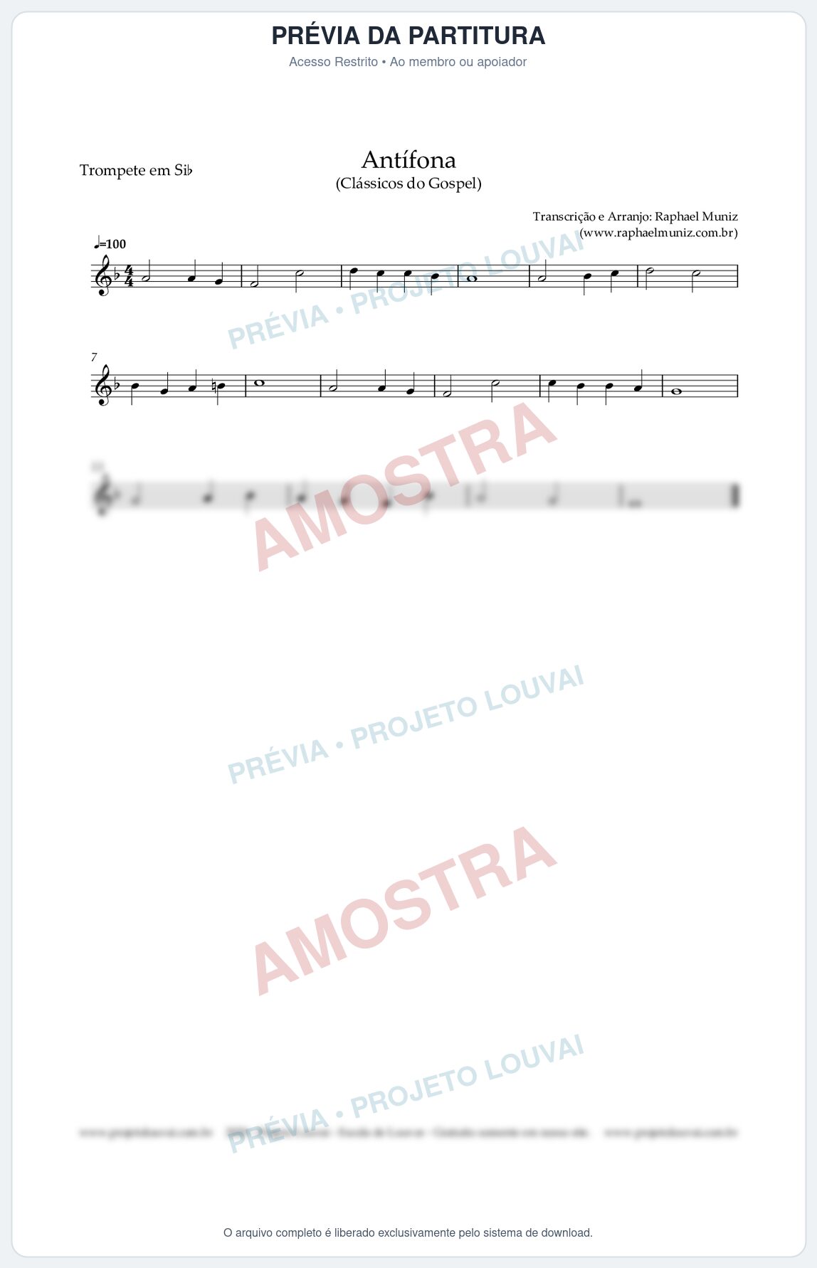 Prévia protegida da primeira página da partitura Partitura para Trompete em Bb - Antífona - Cantor Cristão nº1 - Clássicos do Gospel