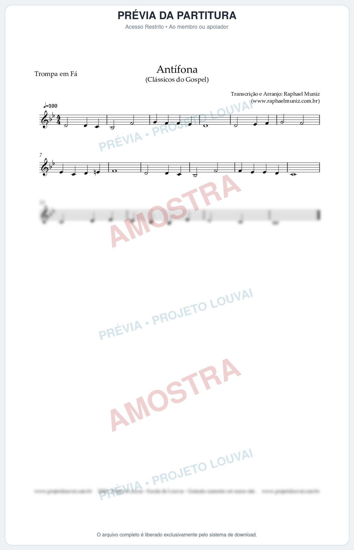 Prévia protegida da primeira página da partitura Partitura para Trompa em Fá - Antífona - Cantor Cristão nº1 - Clássicos do Gospel