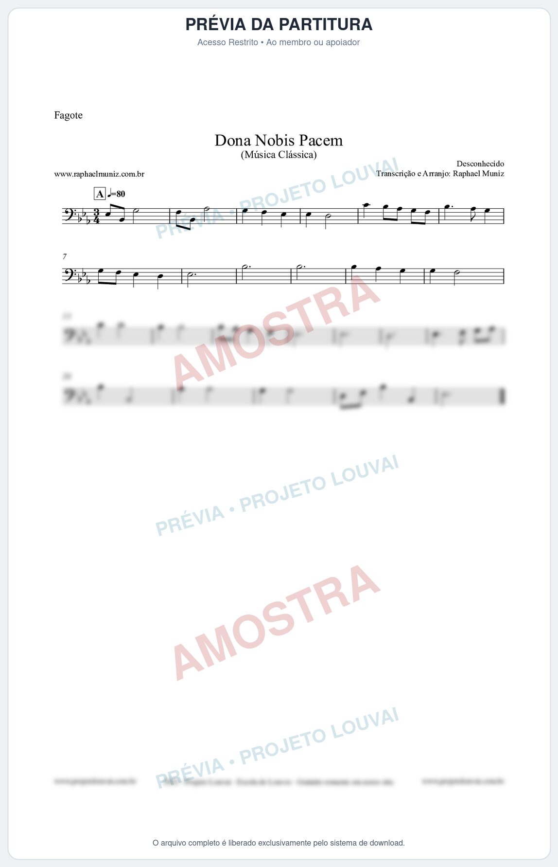 Prévia protegida da primeira página da partitura Partitura para Fagote - Dona Nobis Pacem - Música Clássica
