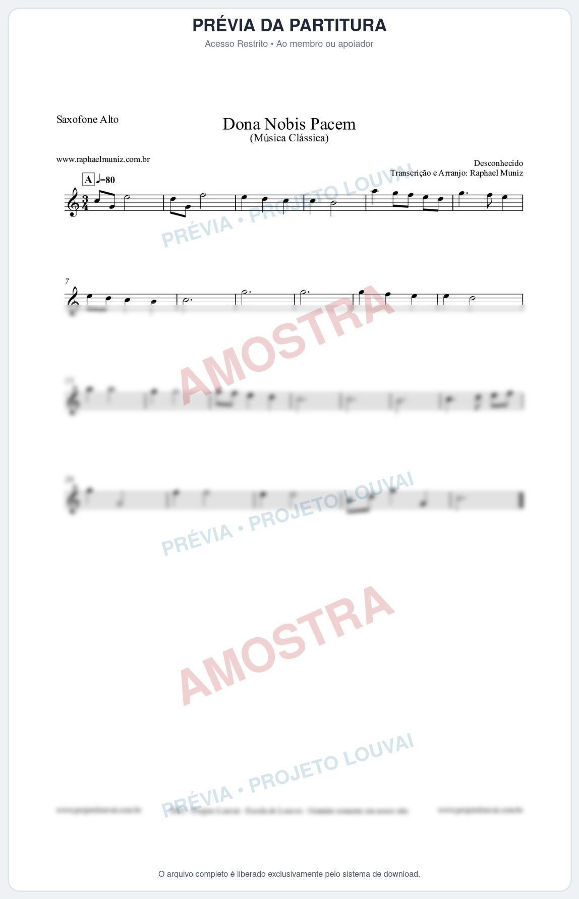 Prévia protegida da primeira página da partitura Partitura para Saxofone Alto - Dona Nobis Pacem - Música Clássica