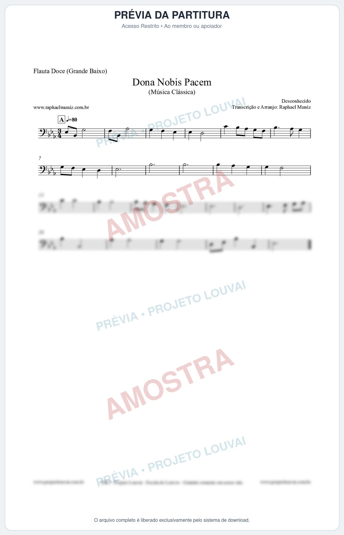 Prévia protegida da primeira página da partitura Partitura para Flauta Doce (Grande Baixo) - Dona Nobis Pacem - Música Clássica