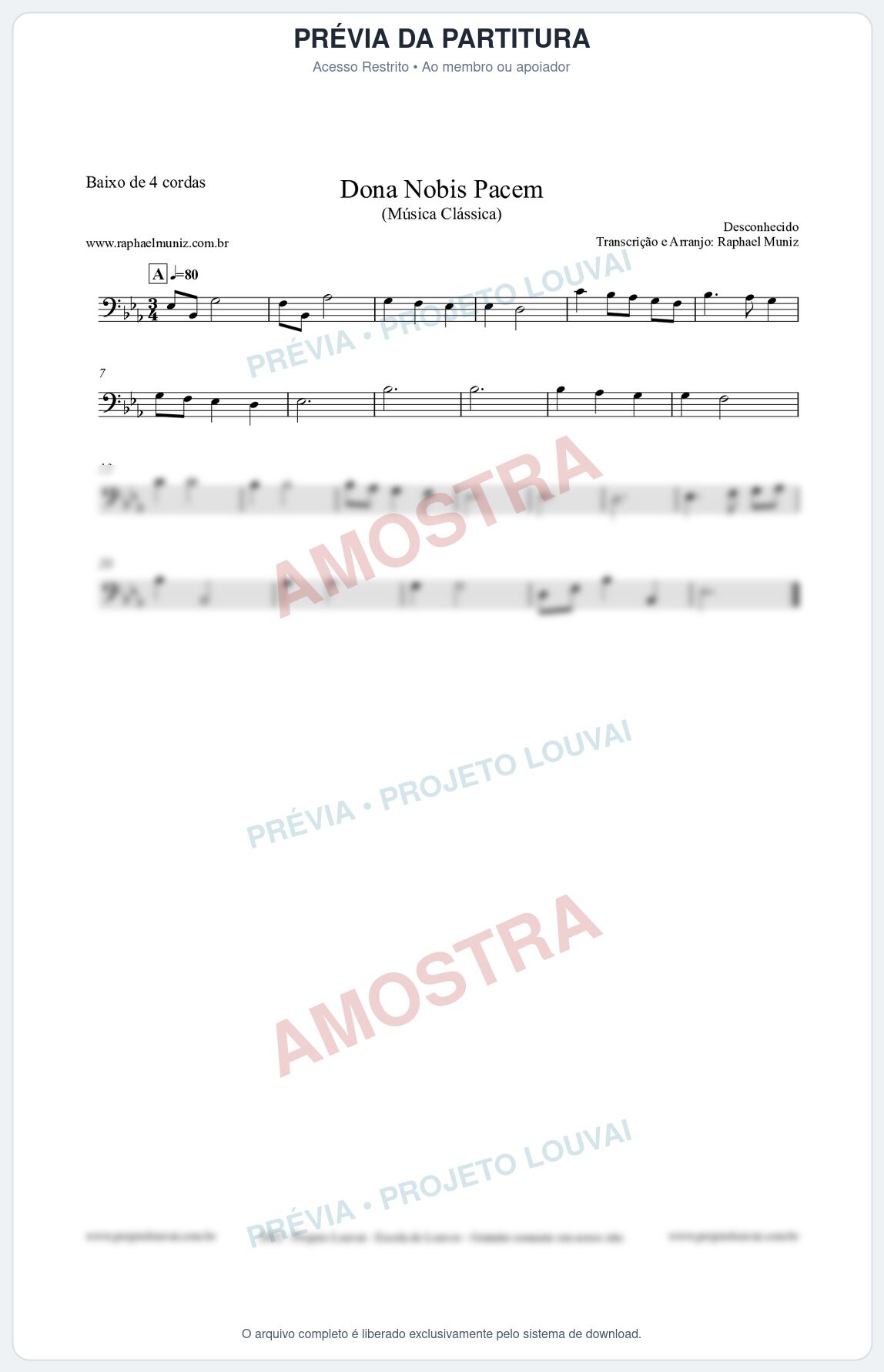 Prévia protegida da primeira página da partitura Partitura para Baixo de 4 cordas - Dona Nobis Pacem - Música Clássica
