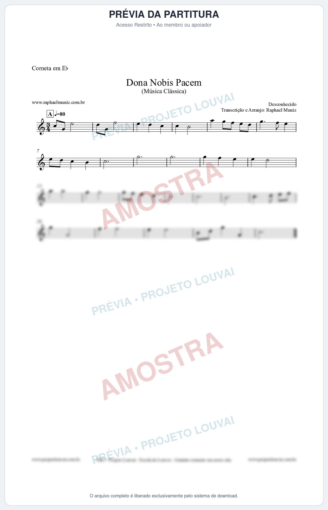 Prévia protegida da primeira página da partitura Partitura para Corneta em Eb - Dona Nobis Pacem - Música Clássica