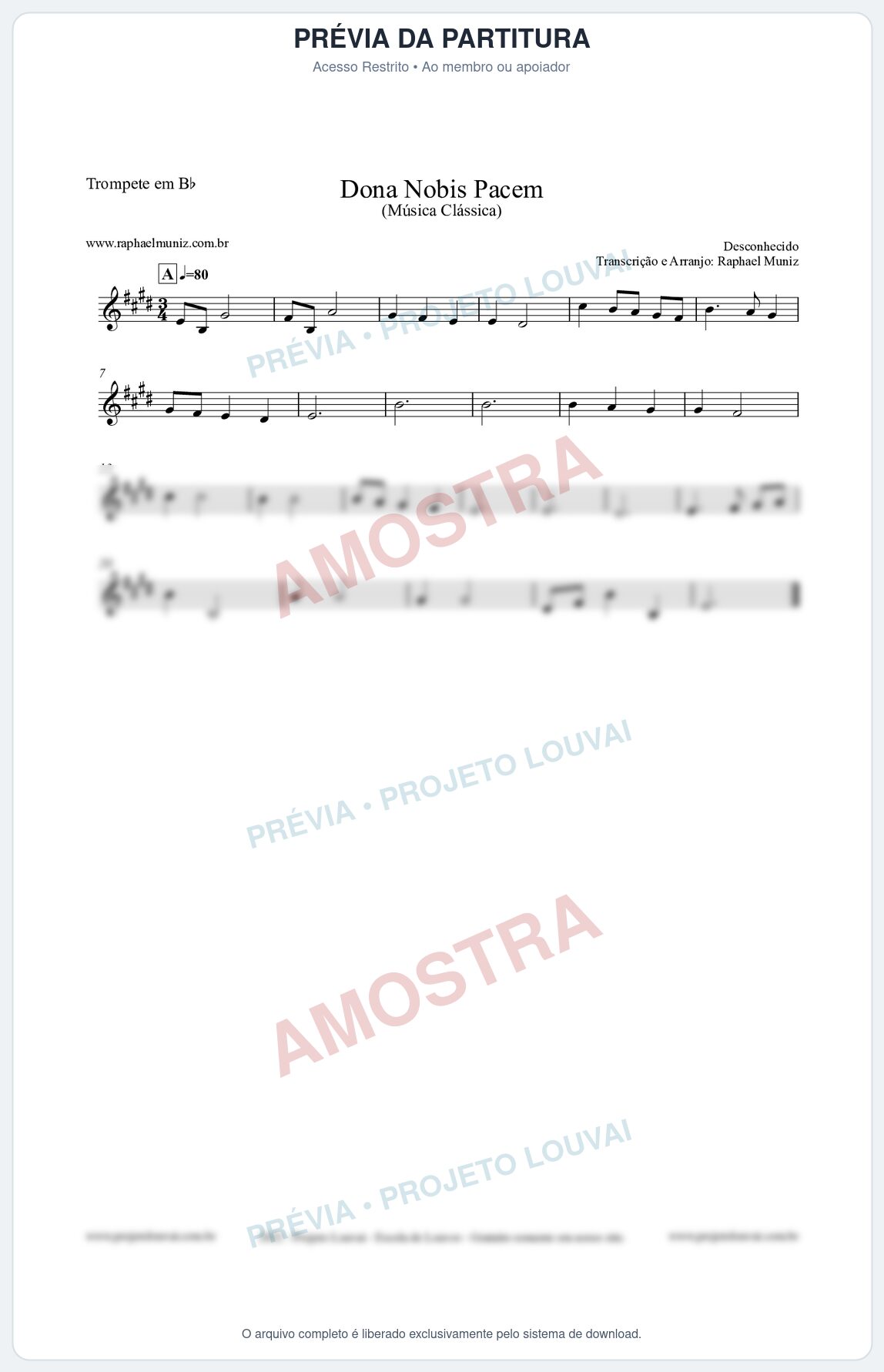 Prévia protegida da primeira página da partitura Partitura para Trompete em Bb - Dona Nobis Pacem - Música Clássica