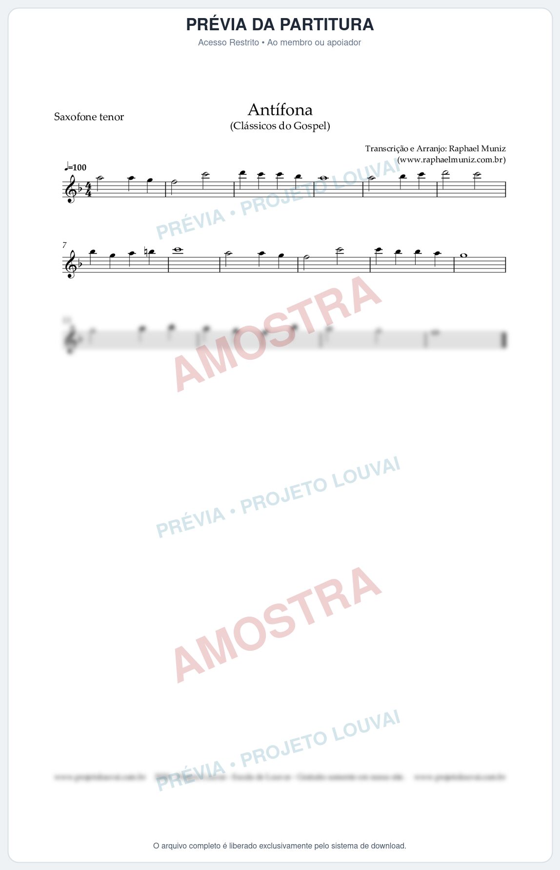 Prévia protegida da primeira página da partitura Partitura para Saxofone Tenor - Antífona - Canto Cristão nº1 - Clássicos do Gospel