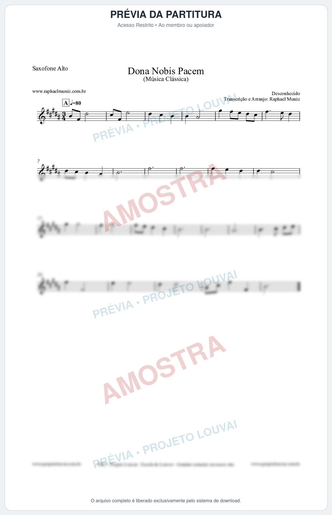 Prévia protegida da primeira página da partitura Partitura para Saxofone Alto - Dona Nobis Pacem - Música Clássica