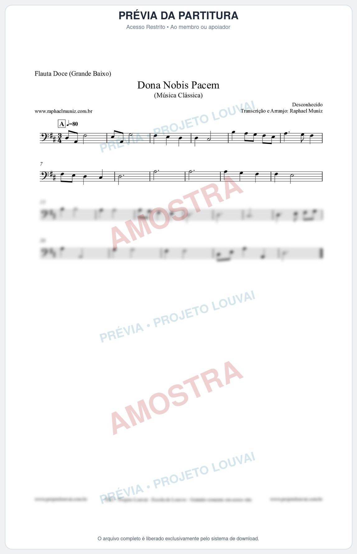 Prévia protegida da primeira página da partitura Partitura para Flauta Doce (Grande Baixo) - Dona Nobis Pacem - Música Clássica