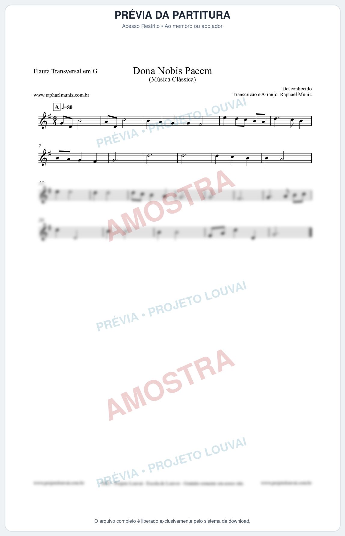 Prévia protegida da primeira página da partitura Partitura para Flauta Transversal em G - Dona Nobis Pacem - Música Clássica
