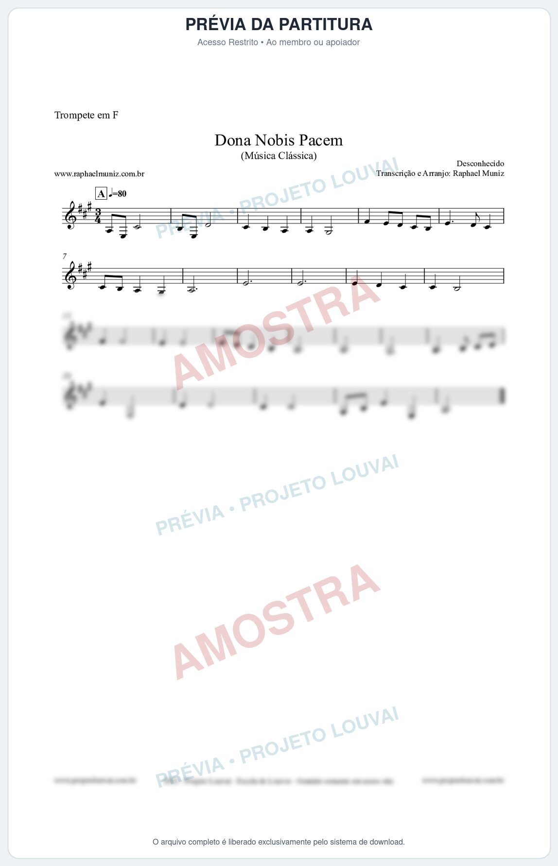 Prévia protegida da primeira página da partitura Partitura para Trompete em F - Dona Nobis Pacem - Música Clássica