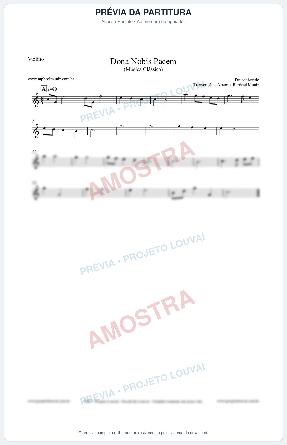 Prévia protegida da primeira página da partitura Partitura para Violino - Dona Nobis Pacem - Música Clássica