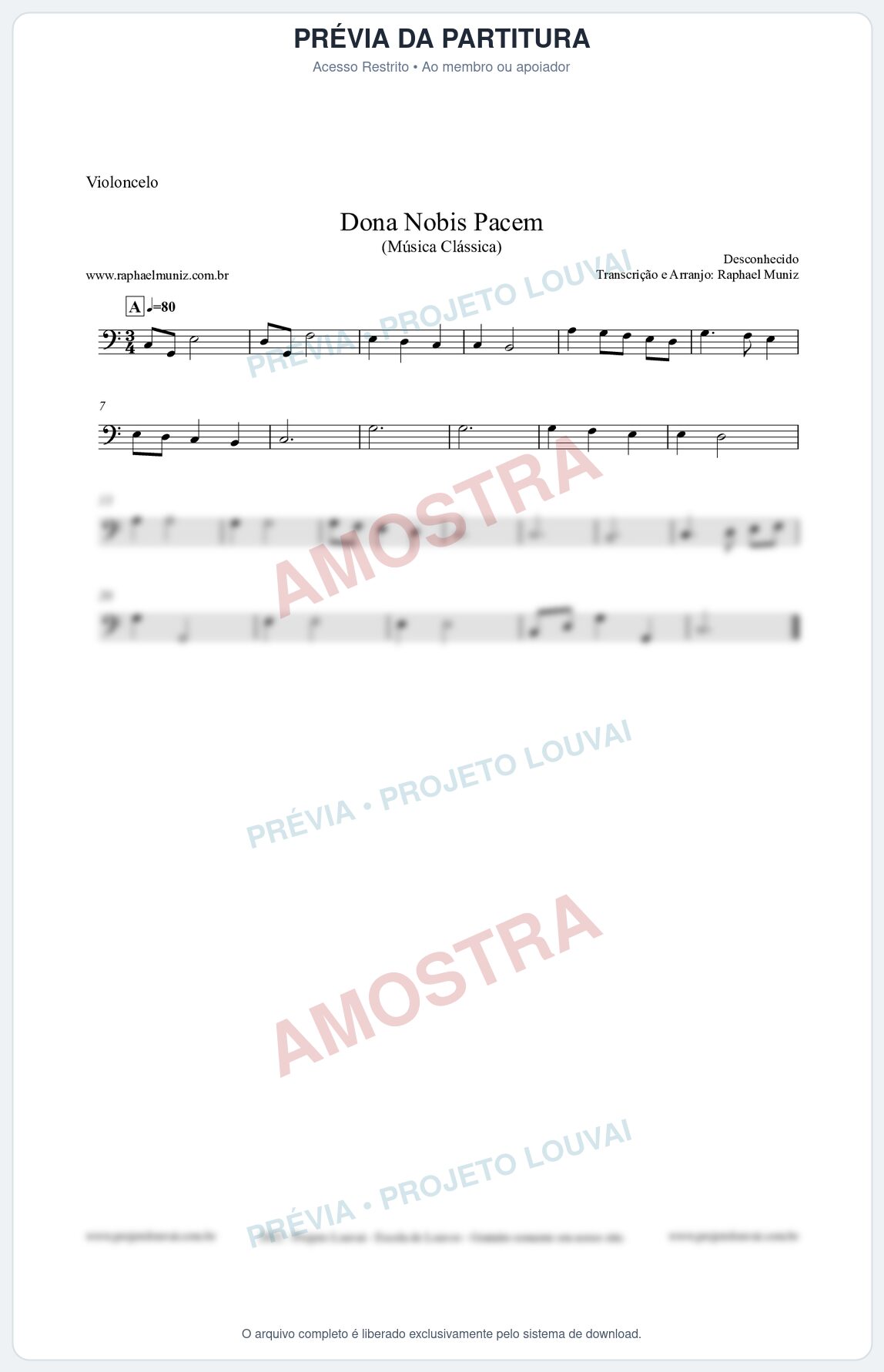 Prévia protegida da primeira página da partitura Partitura para Violoncelo - Dona Nobis Pacem - Música Clássica