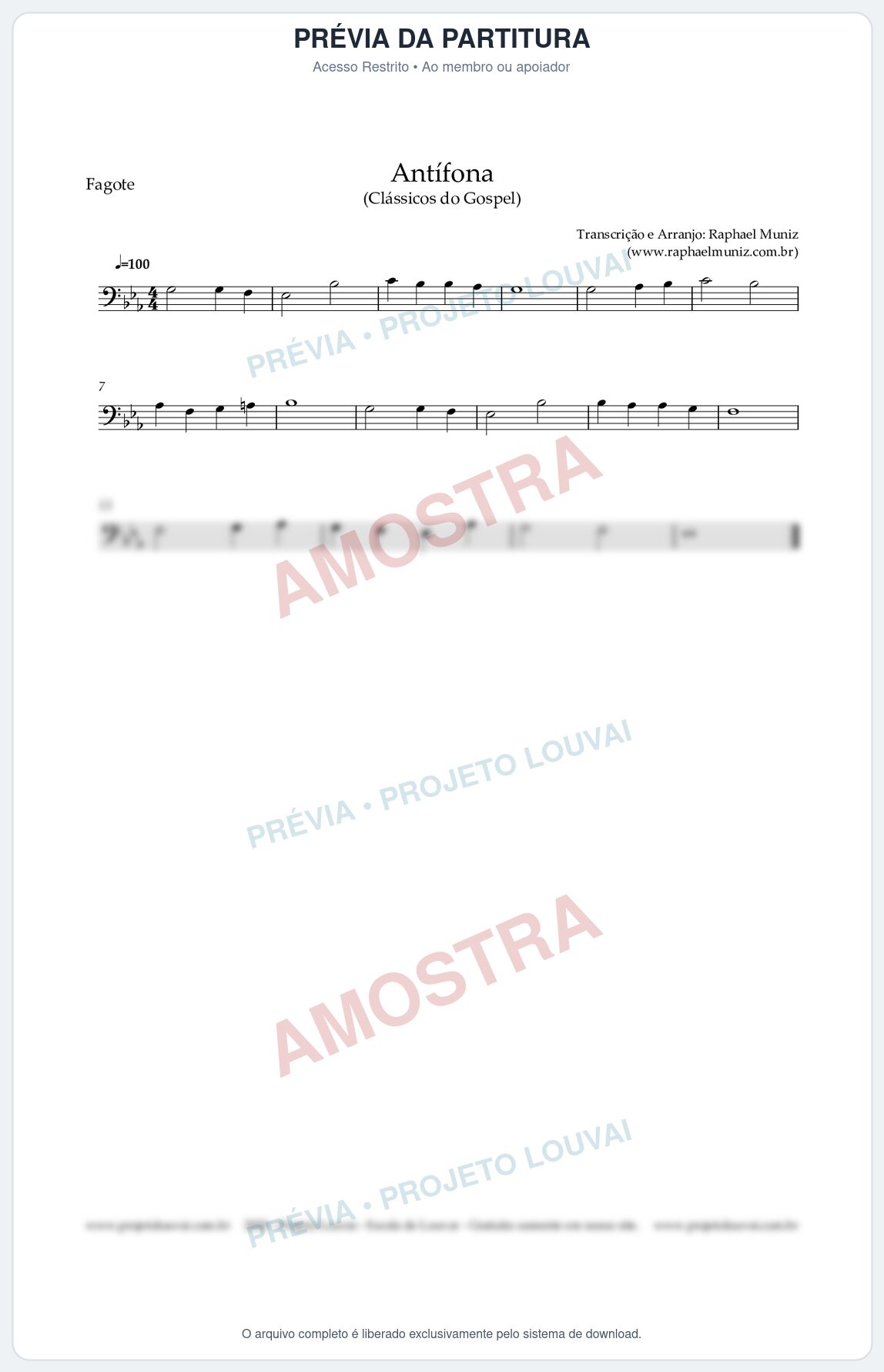 Prévia protegida da primeira página da partitura Partitura para Fagote - Antífona - Cantor Cristão nº1 - Clássicos do Gospel