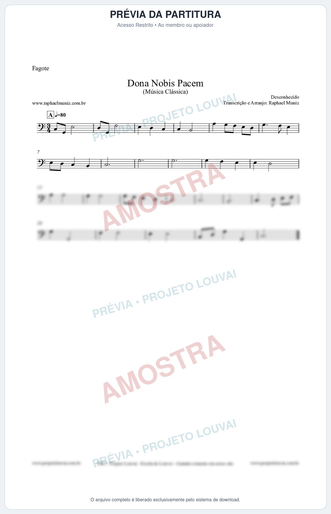 Prévia protegida da primeira página da partitura Partitura para Fagote - Dona Nobis Pacem - Música Clássica