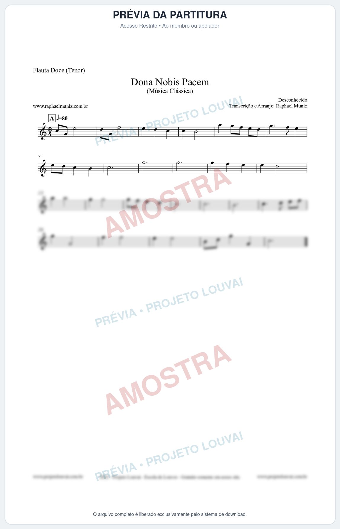 Prévia protegida da primeira página da partitura Partitura para Flauta Doce (Tenor) - Dona Nobis Pacem - Música Clássica