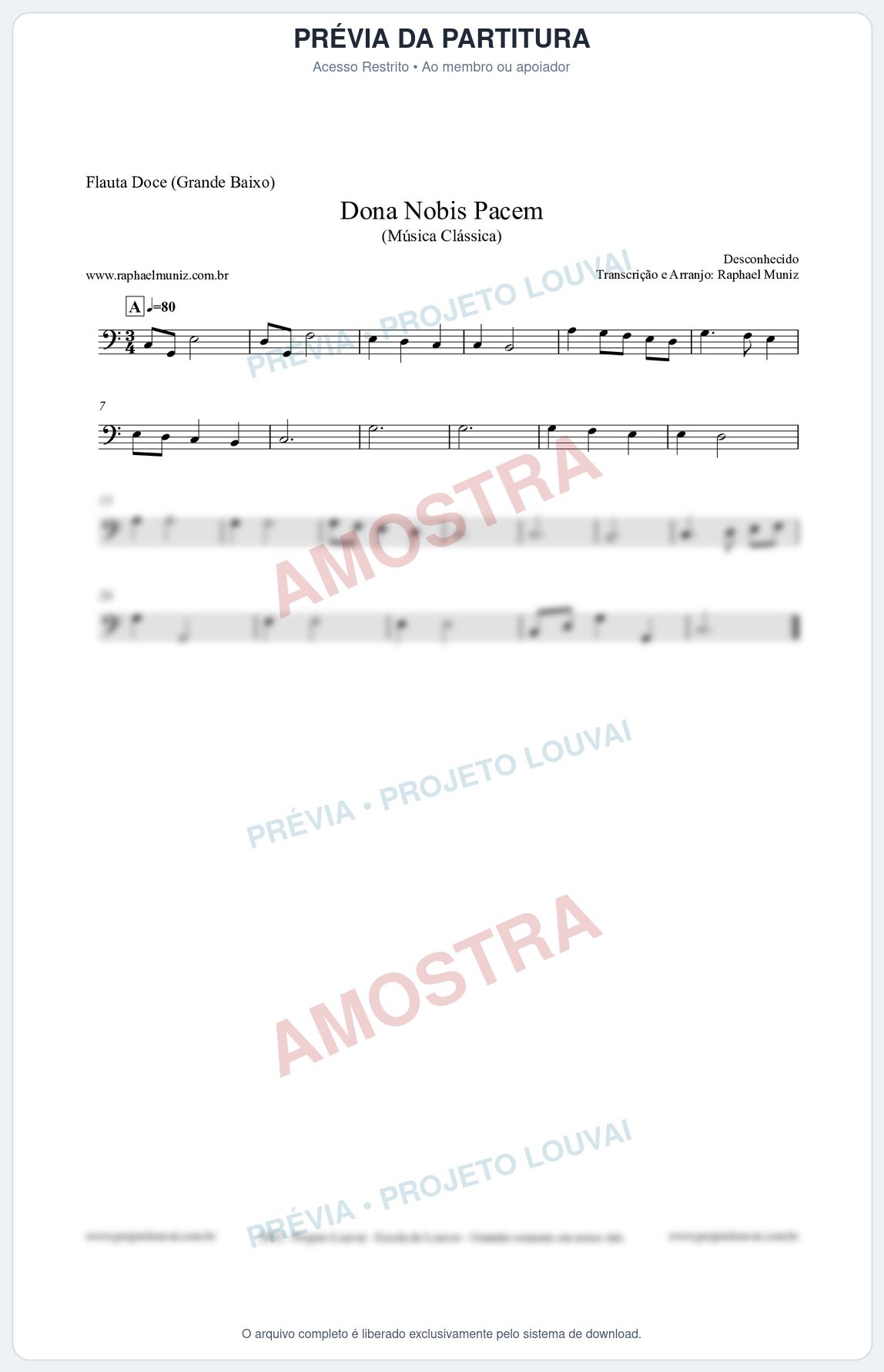Prévia protegida da primeira página da partitura Partitura para Flauta Doce (Grande Baixo) - Dona Nobis Pacem - Música Clássica