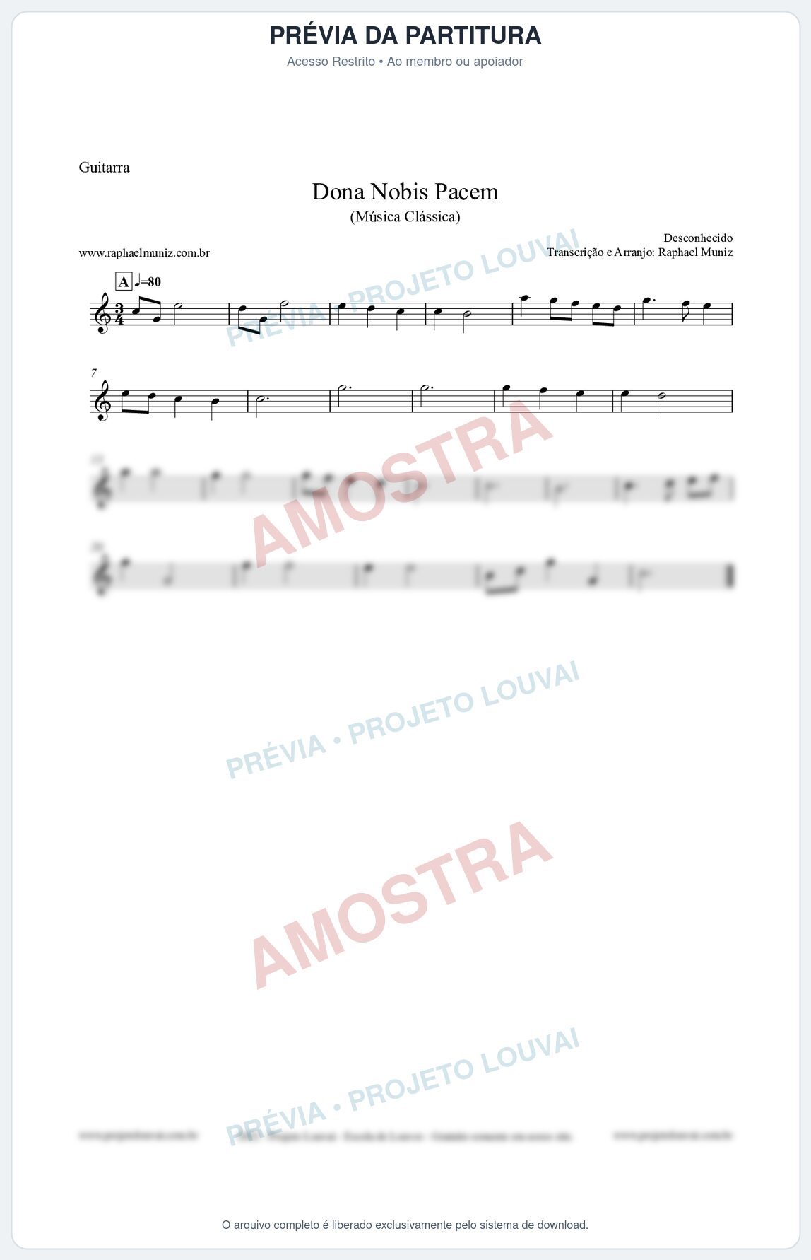 Prévia protegida da primeira página da partitura Partitura para Guitarra - Dona Nobis Pacem - Música Clássica