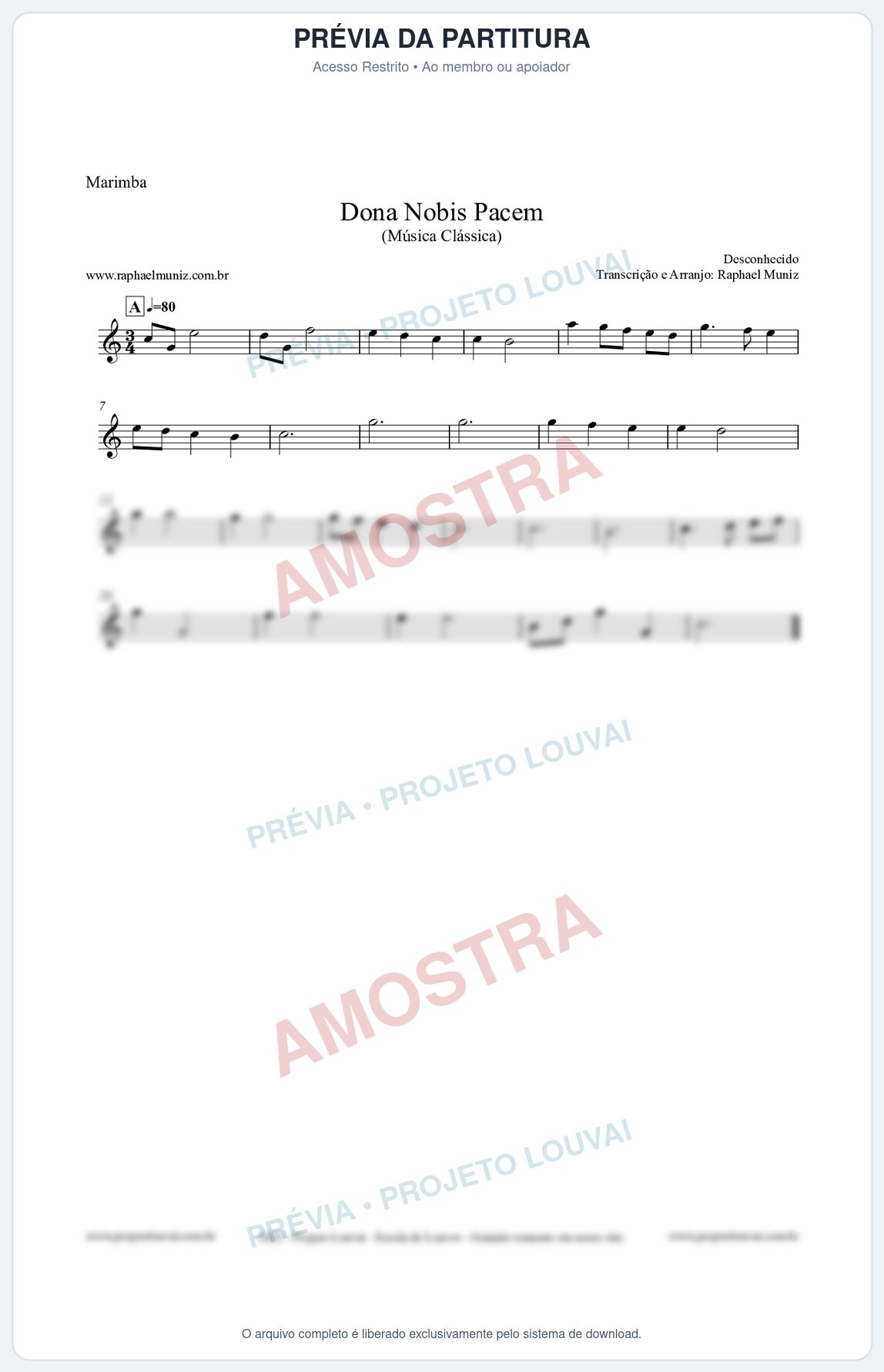 Prévia protegida da primeira página da partitura Partitura para Marimba - Dona Nobis Pacem - Música Clássica